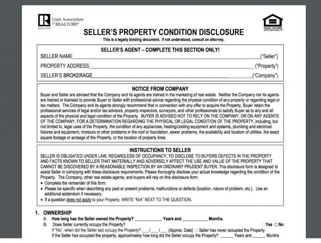 Real Estate Seller Disclosure Law Property Form
